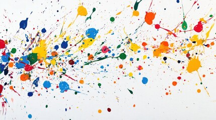 Poster - A vibrant array of multicolored paint splashes on a white canvas, creating an abstract, dynamic pattern full of energy and creativity.