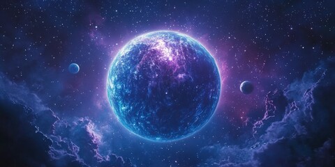 Blue and Pink Planet with Two Suns in Deep Space