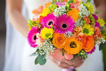 A close up of brides bouquet filled with vibrant flowers, showcasing bright pink gerberas, orange roses, and cheerful yellow blooms, creating joyful and colorful arrangement