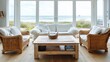 © Farhad - Bright living room with wicker furniture overlooking the sea