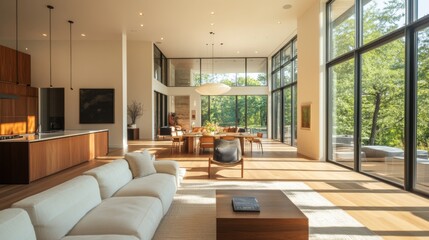 Poster - A spacious, open-concept living area with minimalist decor, large windows allowing natural light, and a few carefully selected pieces of furniture
