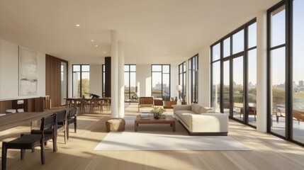 Poster - A spacious, open-concept living area with minimalist decor, large windows allowing natural light, and a few carefully selected pieces of furniture