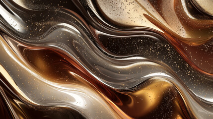 Shimmering waves in rich gold, brown, and silver colors. This 3D liquid design is perfect for creating elegant posters, banners, or wallpapers.