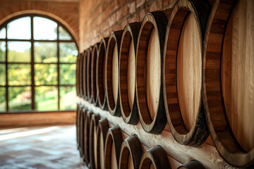 A close up of luxury mansions wine cellar featuring beautifully arranged wooden barrels. warm ambiance and elegant design create sophisticated atmosphere for wine enthusiasts