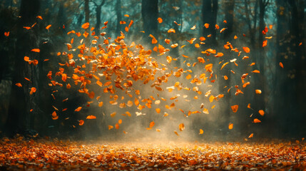 Wall Mural - Dance of the leaves - Falling autumn leaves in the wind represent the transience of life.