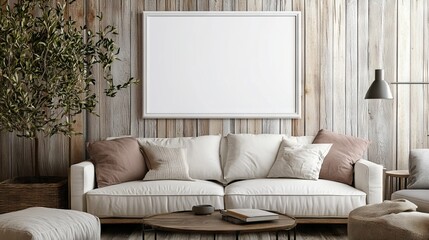 wooden poster white blank horizontal frame mockup, reflection, shadow overlay, cozy living room, farmhouse stlyle, warm room