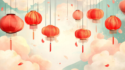 Wishing you a happy Chinese New Year in 2025! The Year of the Snake is celebrated with lanterns and clouds, making it a perfect design for a greeting card.