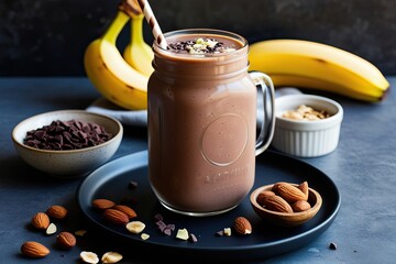 Wholesome Almond Butter Banana Smoothie with Cocoa and Nuts for a Nutritious Refreshing Drink