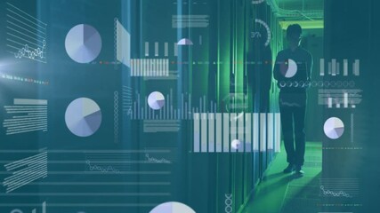 Poster - Animation of financial data processing over asian businessman in server room