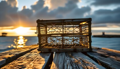 Golden sunset illuminates weathered lobster traps resting on a wooden dock, capturing the charm and solitude of a quaint coastal fishing village.