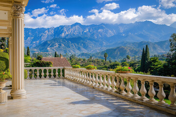 A stunning luxury mansion exterior with breathtaking view of mountains and lush greenery. elegant balcony invites relaxation and enjoyment of serene landscape