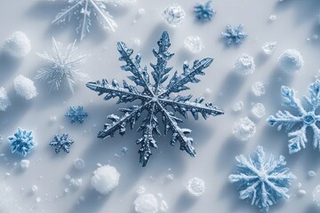 Wall Mural - Diverse Snowflakes and Chilly Crystals Captured in Macro Photography on White Surface