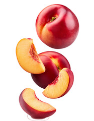 Wall Mural - Falling Nectarine or peach isolated on white background, full depth of field
