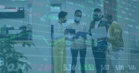 Poster - Animation of financial data processing over diverse colleagues discussing work in office