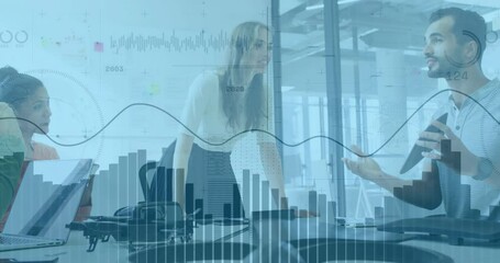 Poster - Animation of financial data processing over diverse colleagues discussing work in office