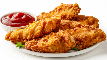 A plate of golden, crispy fried chicken tenders served with a side of dipping sauce, garnished with fresh parsley for a perfect appetizer or snack option.