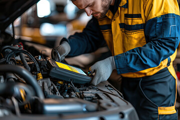 Wall Mural - A mechanic diagnosing an engine problem using scanner, showcasing expertise and focus in workshop environment. scene captures intricate details of automotive repair