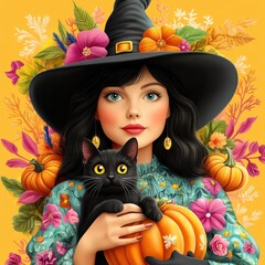 Wall Mural - Beautiful Witch with Black Cat and Pumpkins in Floral Setting