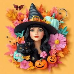 Wall Mural - Halloween Witch with Black Cat and Pumpkins Illustration