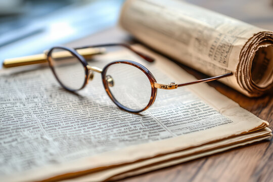 A newspaper lying on table with reading glasses and pen creates cozy atmosphere for reading. warm tones and textures invite you to dive into stories within