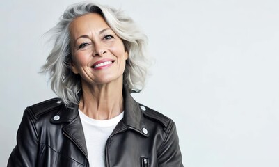 Wall Mural - Portrait of smiling mature woman in leather jacket isolated on grey background