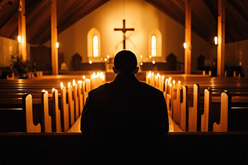 A pastor reflecting in quiet chapel, surrounded by lit candles, creates serene and contemplative atmosphere. warm glow of candles enhances spiritual ambiance of space