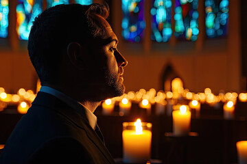 Wall Mural - A pastor reflecting in quiet chapel, surrounded by softly lit candles, creates serene and contemplative atmosphere. stained glass windows add touch of color and spirituality to scene