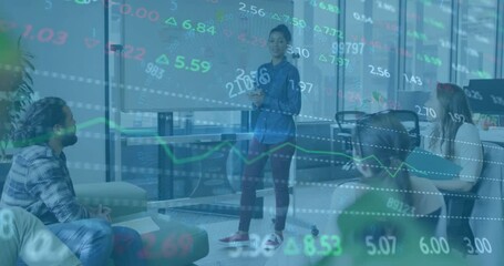 Poster - Animation of financial data processing over diverse colleagues having meeting in office