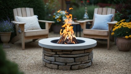 A cozy garden setup with wooden Adirondack chairs around a stone fire pit, creating a warm and welcoming outdoor atmosphere.