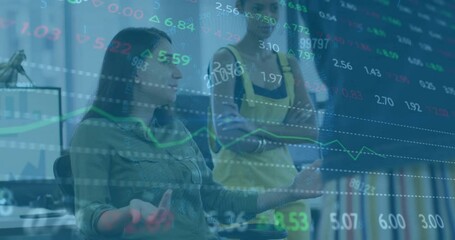 Poster - Animation of financial data processing over diverse colleagues discussing work in office