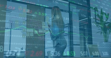 Poster - Animation of financial data processing over biracial businesswoman working in office
