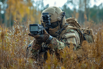 A special forces operator is camouflaged in field, utilizing advanced technology for tactical operations. scene conveys sense of focus and readiness