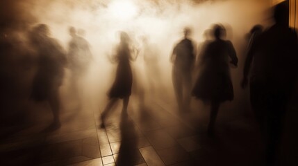 Wall Mural - A hazy scene of silhouettes dancing in a foggy environment, creating a mysterious atmosphere.