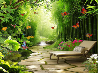 Wall Mural - A lush green forest with a stone path leading through it. A bench is placed along the path, and a waterfall can be seen in the distance. The scene is filled with butterflies