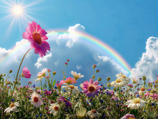 Wall Mural - A field of flowers with a rainbow in the sky. The flowers are pink and yellow and the sky is blue