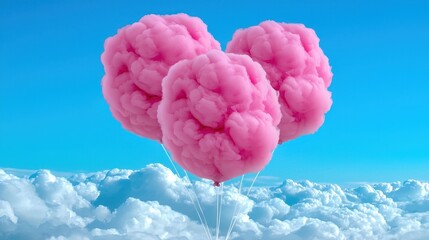 Three fluffy pink cotton candy balloons floating high in a clear blue sky with soft white clouds below, creating a cheerful scene.