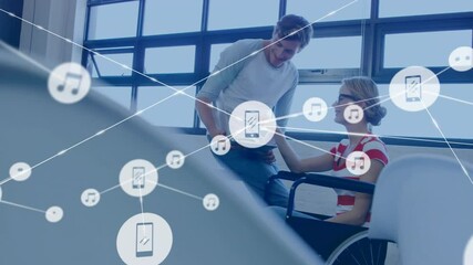 Poster - Animation of network of connections with icons over diverse colleagues discussing work in office