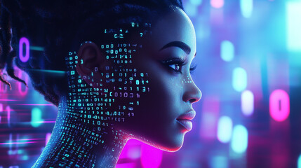 A beautiful African American woman with glowing digital particles and binary code on her face