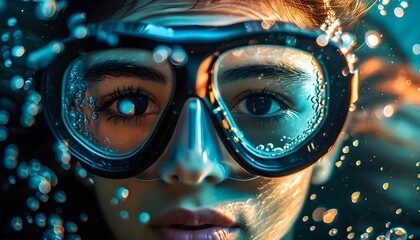 enigmatic underwater portrait with diving goggles revealing intricate light patterns and bubbles aro