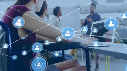 Poster - Animation of network of connections with icons over diverse colleagues discussing work in office