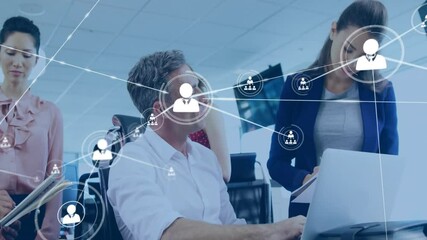 Poster - Animation of network of connections with icons over diverse colleagues discussing work in office