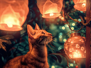 Wall Mural - A cat is looking at a lit up Christmas tree. The cat is looking at the lights and seems to be curious about them