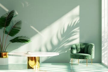 Wall Mural - A white chair sits in front of a large plant in a room with a green wall, generative ai image