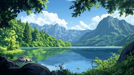 Wall Mural - A beautiful lake surrounded by mountains and trees