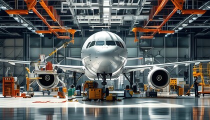 Modern hangar with an airplane and technicians engaged in maintenance using various tools