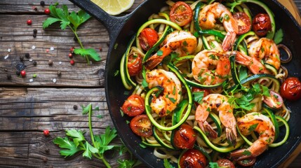 Wall Mural - A delicious dish featuring shrimp and zoodles served in a cast iron skillet. Fresh tomatoes and herbs enhance the vibrant presentation. Perfect for healthy eating lovers. AI