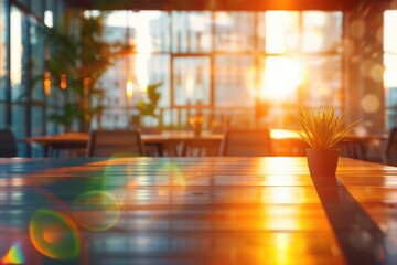 Canvas Print - A potted plant sits on a wooden table in a restaurant,generative ai image