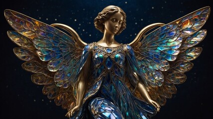 Poster - Young, fair-skinned female angel with long, curly blonde hair wearing ornate, jewel-encrusted blue dress and large, iridescent wings against starry night sky background
