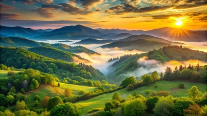 Wall Mural - Serene sunrise illuminates lush green forests and rolling hills of the Balkan Mountains, showcasing Bulgaria's