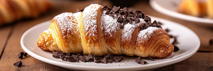 Wall Mural - A freshly baked croissant, dusted with powdered sugar and topped with chopped chocolate, offering a delightful combination of textures and flavors. This image embodies indulgence, breakfast